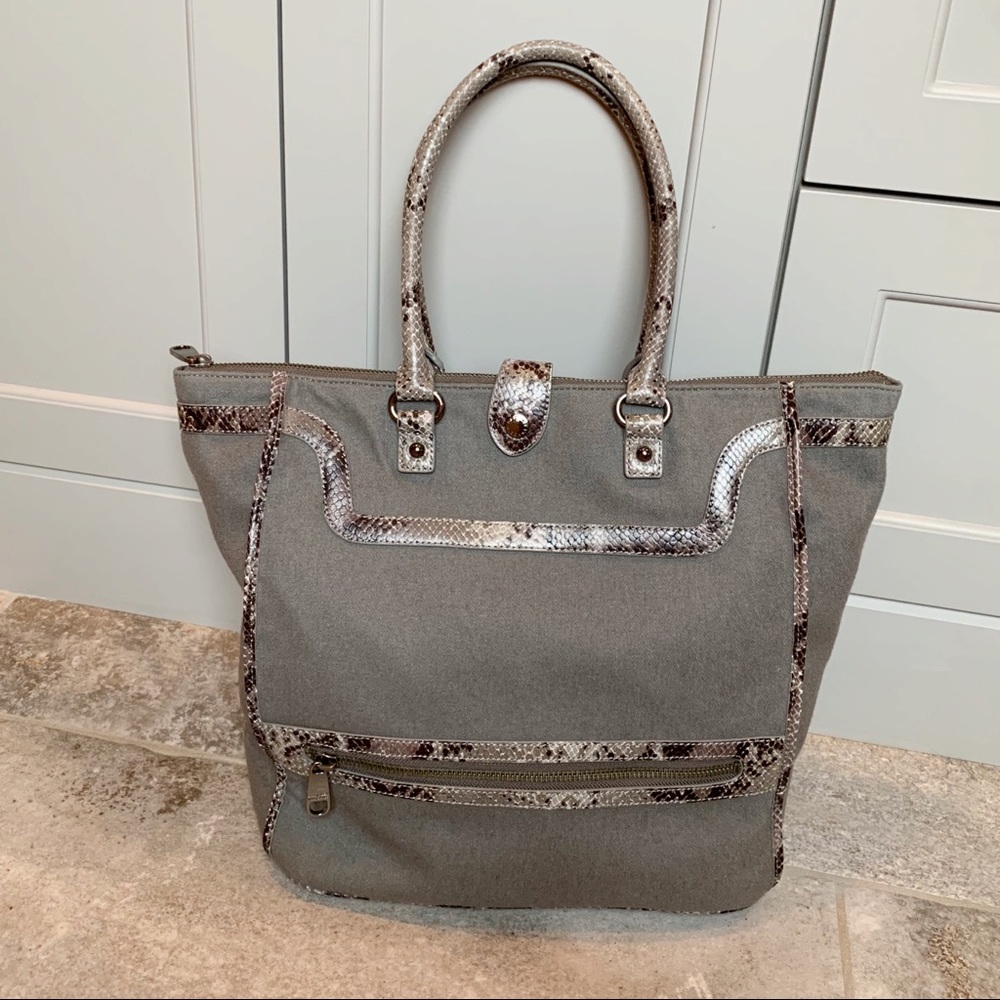 Badgley Mischka Gray Flannel Tote w/Snakeskin Trim